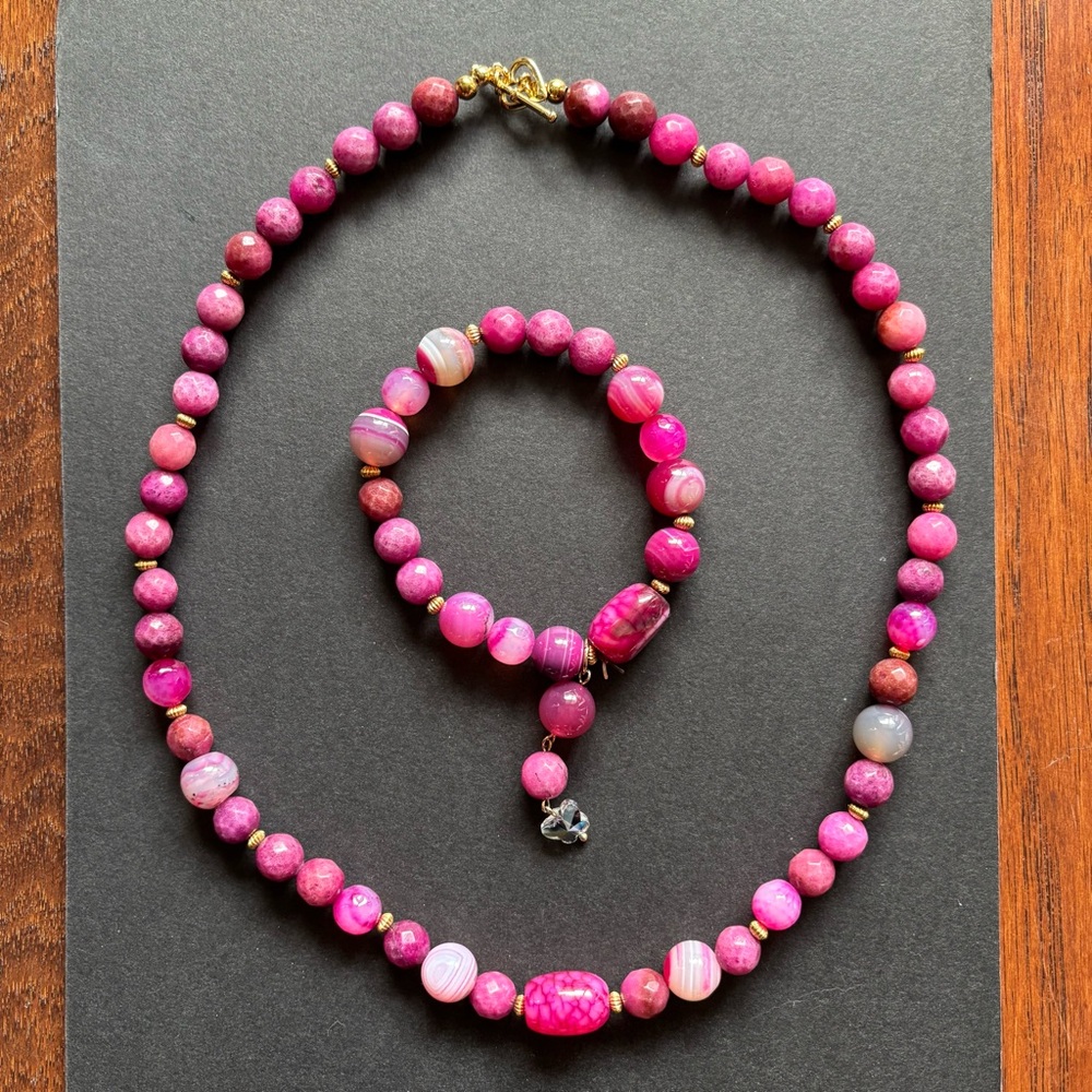 Pink Striped Agate Necklace & Bracelet Set | Heart Clasp Jewelry